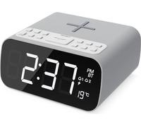 MAJORITY Bluetooth Bedside FM Radio Alarm Clock | Wireless Charging for Phones| 12W Stereo Sound with Dual Alarm, Built-in Thermometer, and 30 Presets | Large Dimmable Display Darwin digital clock