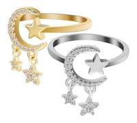 MAJORMENCH 2 Pcs Adjustable Open Finger Rings for Women, Star and Moon Design, 18k Gold and White Gold Plated, Simple Wave Band Jewelry Suitable for Daily Wear