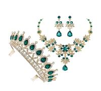 MAJORMENCH Crown Necklace Earring Set for Women, Green Alloy Bridal Jewelry Three-Piece Set, Wedding Dress Accessories and Party Costume Jewelry