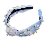 MAJORMENCH Velvet Wide Headband for Women with Tie-dye Pearl Embellishments, Knotted Candy Color Hairband, Blue Gradient Fabric Hair Accessory for Wedding and Party
