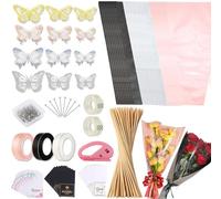 Majreey Floral Wrapping Paper Kit, 40PCS Kraft Wrapping Bags, 3Rolls Ribbon for Flower Bouquet, 2Rolls Tape,100Pcs Flower Pins, 48Pcs 3D Butterflies, 9Pcs Crowns for Florist (Black+White+Pink)