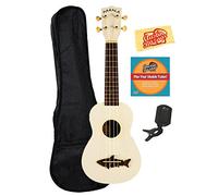 Makala MK-SS-WHT Shark Bridge Soprano Ukulele with Vintage Satin Finish Bundle with Gig Bag, Tuner, and Polishing Cloth - Great White