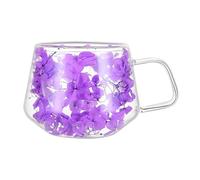 Makamsui 200ML Double Walled Glass Coffee Mug with Insulated Handle, Insulated Layer Flowers Coffee Cup, Aesthetic Dehydrated Flower Design Heat Preserving Tumbler for Coffee Tea Purple 200ML
