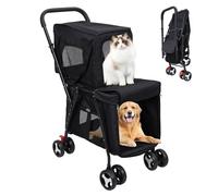 Makamsui Double Pet Stroller for 2 Small Dogs Cats, Pet Strollers for 2 Cats, Lightweight Foldable Double Dog Stroller with Detachable Carrier Black