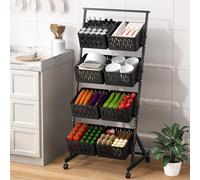 Makamsui Kitchen Storage Cart, 4 Tier Stackable Fruit Vegetable Storage Basket with Rolling Wheels, Multipurpose Pantry Organizer Rack with Detachable Basket for Bathroom, Laundry, Kitchen Black Four