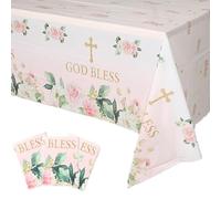 Makarios 3 Pcs. Baptism Tablecloths - God Bless & Cross Designs, First Communion Tablecloth for Girls (Pink)