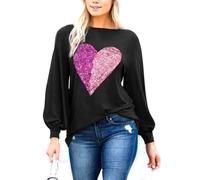 MAKARTHY Women's Long Puff Sleeve Boat Neck T-Shirts Tunic Top, Black+ Pink Heart, S