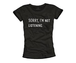 MAKAYA Funny Women's Hipster T-Shirt with Slogan - Sorry I'm Not Listening - Black Size M