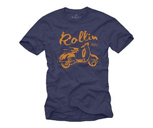 MAKAYA Vintage Scooter T-Shirt for Men Rollin 60`s Blue Size M