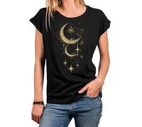 MAKAYA Women's Moon Phases Shirt - Vintage Occult Gothic Design with Stars Stylish Top for Astronomy Fans Plus Size Tshirt Black L