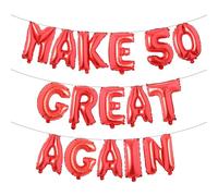 MAKE 50 GREAT AGAIN Glitter Balloon Banner - Funny 50th Birthday and Anniversary Decorations for Men and Women - Party Supplies and Gifts (MAKE 50 GREAT AGAIN Red)