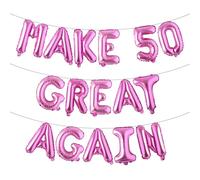 MAKE 50 GREAT AGAIN Glitter Balloon Banner - Funny 50th Birthday and Anniversary Decorations for Men and Women - Party Supplies and Gifts (MAKE 50 GREAT AGAIN Rose Red)