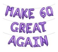 MAKE 60 GREAT AGAIN Glitter Balloon Banner - Funny 60th Birthday and Anniversary Decorations for Men and Women - Party Supplies and Gifts (MAKE 60 GREAT AGAIN Purple)