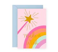 Make a Wish Birthday Card - Magical Star Wand & Rainbow - Fun & Whimsical Greeting Card for All Ages, Kids, Friends, Girls, Daughter, Mum, Auntie, Sister & Loved Ones - Comes with Fun Stickers