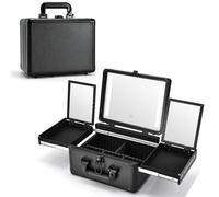 Make Up Box with Led Mirror Vanity Case Travel Makeup Case with 3 Colour Setting Light Up Mirror Adjustable Dividers and Fold-Out Trays for Jewellery Storage Cosmetic Organiser Black