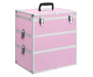 Make-up Case Pink 37x24x40cm Aluminium ABS Wood 3-Tier Portable Vanity Box Mini