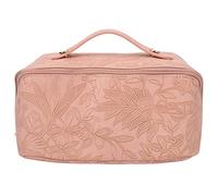 Make Up Cosmetic Bag PU Leather, Large Capacity Makeup Bag, 180 Degree Opening with Multi Functional Divider, Flat Makeup Organizer for Women, Travel Toiletry Bag Pink