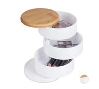 Relaxdays Make Up Organiser, 3 Rotating Levels, for Cosmetics & Jewellery, Make-up Storage Box, Bamboo, Plastic, White