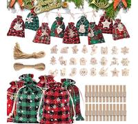 Make Your Own Advent Calendar Bags 2025, 24 Days Xmas Countdown Burlap Drawstring Bags with Reusable Wooden Clips and Hemp Rope, Hanging Gift Candy Bag for Holiday Decorations (Christmas 3)