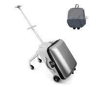 MAKELEN Kids Travel Suitcase with Extendable Wheels & Detachable Backpack - Lightweight Hard Shell Carry-On Luggage with Built-in Stool, Fun Ride-On Children's Trunk for Boys Girls, Silver, 23x15x10