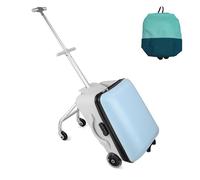 MAKELEN Kids Travel Suitcase with Extendable Wheels & Detachable Backpack - Lightweight Hard Shell Carry-On Luggage with Built-in Stool, Fun Ride-On Children's Trunk for Boys Girls, Blue, 23x15x10