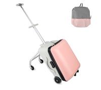 MAKELEN Kids Travel Suitcase with Extendable Wheels & Detachable Backpack - Lightweight Hard Shell Carry-On Luggage with Built-in Stool, Fun Ride-On Children's Trunk for Boys Girls, Pink, 23x15x10