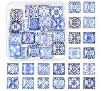 MakemadeDIY 20Pcs 15mm Square Mosaic Tile Glass Cabochons Flower Floor Tile Pattern Printed Dome Cabochons for Photo Pendant Earrings Necklace Bracelet Keychain Rings Jewelry Making DIY Craft Supplies