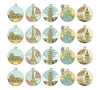 MakemadeDIY 20Pcs Flat Round Building Enamel Charms Pendants for Jewelry Making Micro Liberty Ben Roman Colosseum Pisa Eiffel Tower Charms for DIY Christmas Bracelet Necklace Earring Craft Supplies