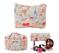 Makeup Bag | 3 Pieces Quilted Cosmetic Bag Makeup Bag Aesthetic Cute Travel Toiletry Bag Organizer Cotton Makeup Brush Storage Bag for Women, Family Large Handbag + Medium + Small, see