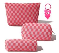 Makeup Bag 3PCS Checkered Cosmetic Bag & Pencil Case & Keychain Set,Portable Travel Toiletry Bag with Zipper,Cosmetic Organiser Pouch Coquette Large Capacity Wash Bag for Women Girls Rose Red