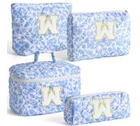 Makeup Bag, 4 Pcs Quilted Makeup Organizer Personalized Initial Gifts for Women Floral Make up Bag Cosmetic Bags Set Travel Toiletry Bag for Girlfriend Teen Girl Gifts Travel Essentials (Blue W