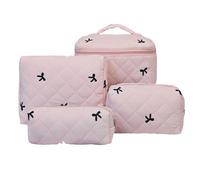 Makeup Bag, 4PCS Large Quilted Cosmetic Bags, Big Bow Make Up Bag for Women Girls, Cute Cotton Makeup Bag Set, Travel Toiletry Organizer Bags (Pink)
