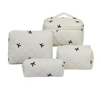 Makeup Bag, 4PCS Large Quilted Cosmetic Bags, Big Bow Make Up Bag for Women Girls, Cute Cotton Makeup Bag Set, Travel Toiletry Organizer Bags (Beige)