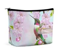 Makeup Bag Bird Flower Blossoms PU Leather Waterproof Cosmetic Bag for Purse/Makeup Pouch/Toiletry Bag Spring Hummingbird Portable Travel Makeup Bag for Women