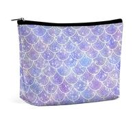 Makeup Bag Blue Mermaid Bling PU Leather Waterproof Cosmetic Bag for Purse/Makeup Pouch/Toiletry Bag Watercolor Fish Underwater Portable Travel Makeup Bag for Women