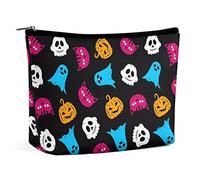 Makeup Bag Colorful Pumpkins Cats PU Leather Waterproof Cosmetic Bag for Purse/Makeup Pouch/Toiletry Bag Halloween Skulls Spooky Portable Travel Makeup Bag for Women