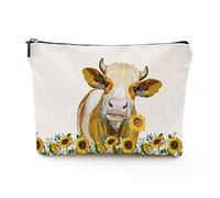 Makeup Bag Cosmetic Travel Makeup Bag Organizer Waterproof Makeup Pouch with Zipper Storage Cosmetic Pouch for Women 7x10in, Farmhouse Sunflower Cow, 7x10in