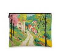 Makeup Bag Countryside Cosmetic Bag Vintage Colorful Travel Bag for Women Small Portable Canvas Zipper Pouch Spring Gift Toiletry Bag Skin Care, Multicolored, 7x9 Inch, Landscape
