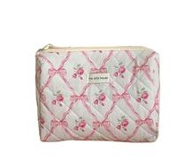 Makeup Bag Cute Bow Flower Quilting Cotton Makeup Bag Women Zipper Cosmetic Organizer Cloth Handbag Portable Case for Girls Make Up Bag(Pink-Clutch Bag)