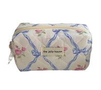 Makeup Bag Cute Bow Flower Quilting Cotton Makeup Bag Women Zipper Cosmetic Organizer Cloth Handbag Portable Case for Girls Make Up Bag(Blue-Octagonal Bag)