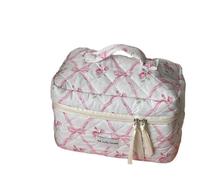 Makeup Bag Cute Bow Flower Quilting Cotton Makeup Bag Women Zipper Cosmetic Organizer Cloth Handbag Portable Case for Girls(Pink-Cosmetic Bag)