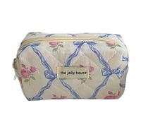 Makeup Bag Cute Bow Flower Quilting Cotton Makeup Bag Women Zipper Cosmetic Organizer Female Cloth Handbag Portable Toiletry Make Up Bag(Blue-C)