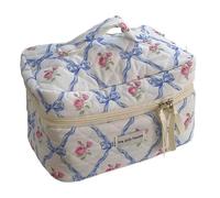Makeup Bag Cute Bow Flower Quilting Cotton Makeup Bag Women Zipper Cosmetic Organizer Female Cloth Handbag Portable Toiletry Make Up Bag(Blue-A)