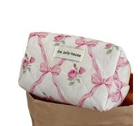 Makeup Bag Cute Bow Flower Quilting Cotton Makeup Bag Women Zipper Cosmetic Organizer Female Cloth Handbag Portable Toiletry Make Up Bag(Pink-C)