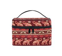 Makeup Bag, Elephant Indian Style Print Cosmetic Toiletry Storage Organiser Case Large Travel Handle Personalised Pouch with Compartments Best Valentines Women Day Gift for Teenage Girl Women Lady Red