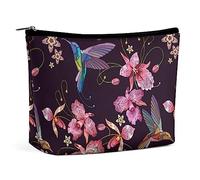 Makeup Bag Embroideries Pink Hummingbird PU Leather Waterproof Cosmetic Bag for Purse/Makeup Pouch/Toiletry Bag Exotic Tropical Flowers Portable Travel Makeup Bag for Women