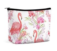 Makeup Bag Exotic Pink Flamingo PU Leather Waterproof Cosmetic Bag for Purse/Makeup Pouch/Toiletry Bag Summer Flower Portable Travel Makeup Bag for Women
