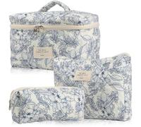 Makeup Bag Floral Pattern Quilted Makeup Bag Set 3 Counts Travel Cosmetic Bags, Portable Zipper Makeup Organizer Pouches for Cosmetics Travel(Color2)