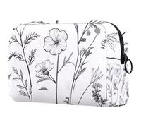 Makeup Bag for Purse Portable Cosmetic Bag Zipper Makeup Pouch Travel Toiletries Wash Bag for Women, Thin Lines Meadow Wild Flowers and Leaves Silhouettes
