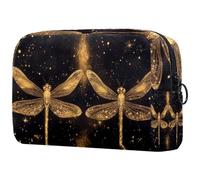 Makeup Bag for Purse Portable Cosmetic Bag Zipper Makeup Pouch Travel Toiletries Wash Bag for Women, Two Gold Dragonflies with Sparkling Wings on Black Background